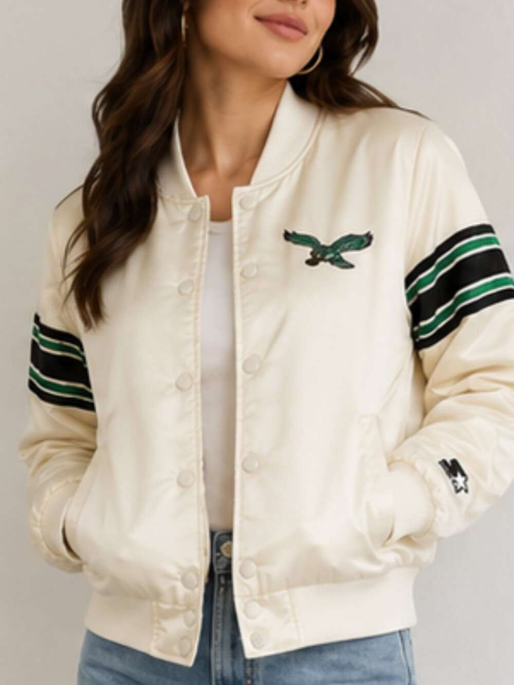 EUC Starter Philadelphia Eagles Cream Satin Varsity Jacket Small NFL Bomber